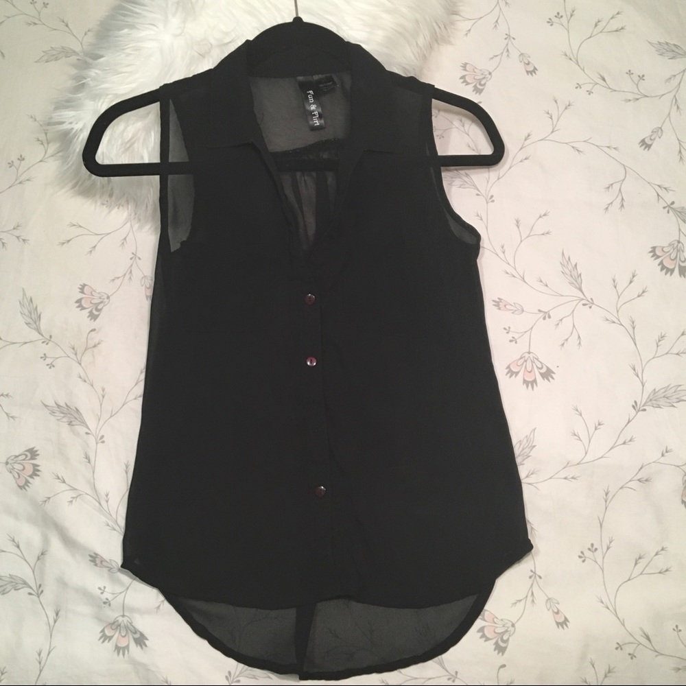 Sheer black sleeveless button down top